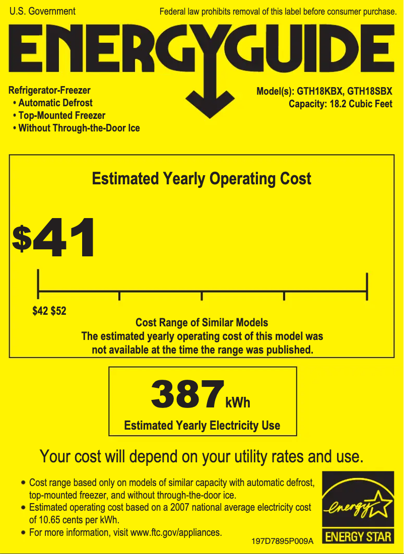 Page n°1 - Label énergétique GE GTH18KBXWW