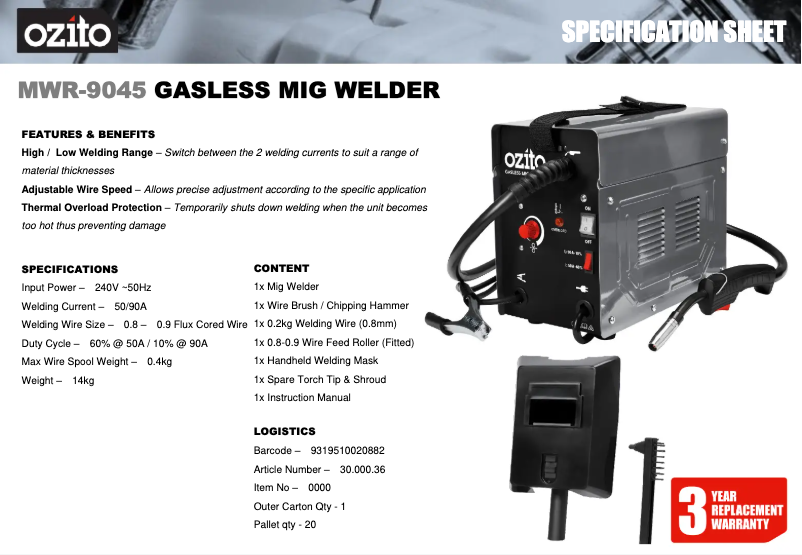 Page 1 de la notice Fiche technique Ozito MWR-9045