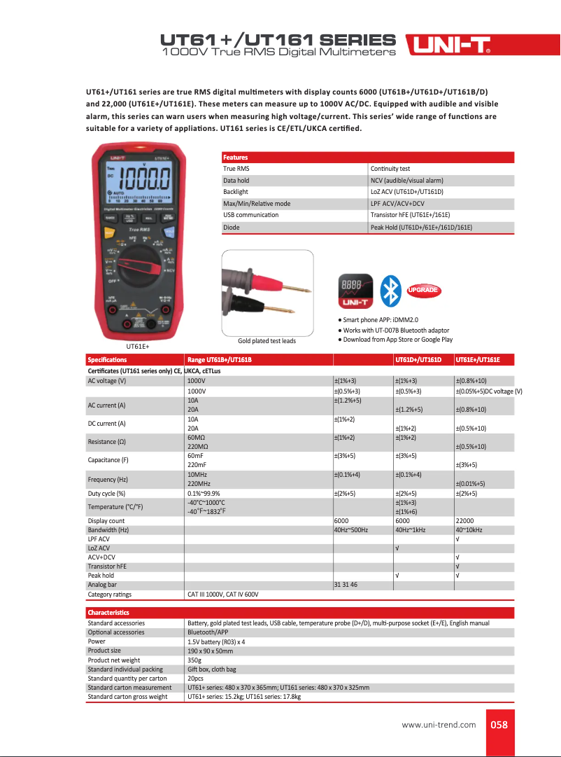 Page 1 de la notice Fiche technique Uni-T UT161E