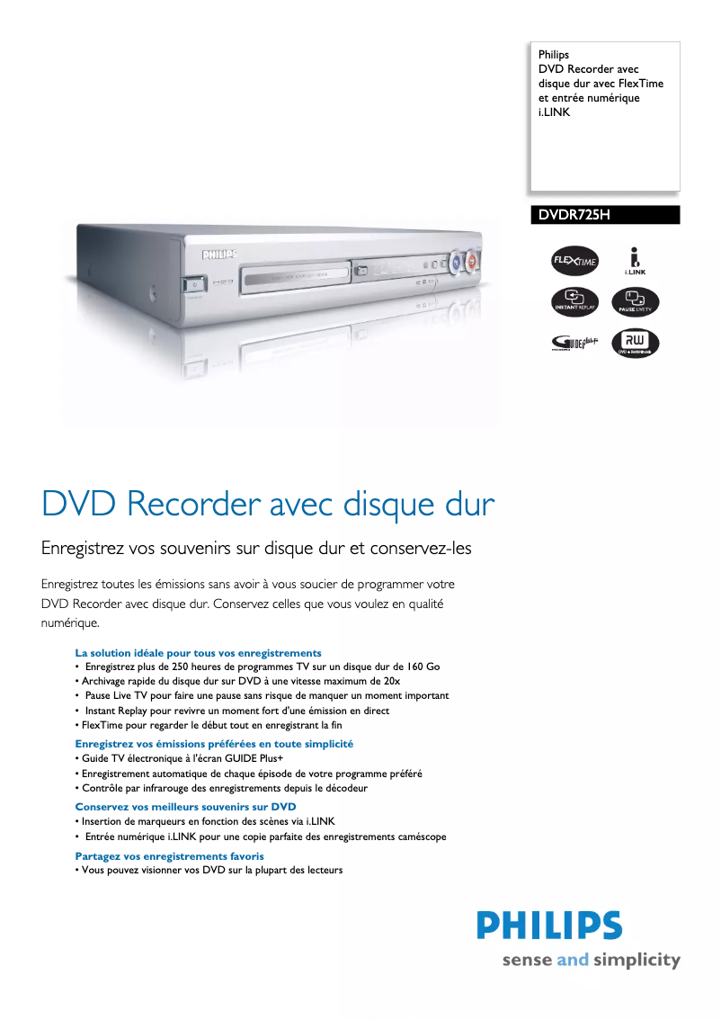 Page n°1 - Fiche technique Philips DVDR725H