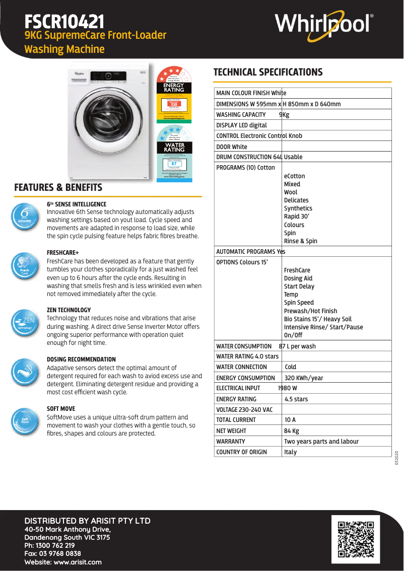 Página 1 del manual Ficha técnica Whirlpool FSCR10421