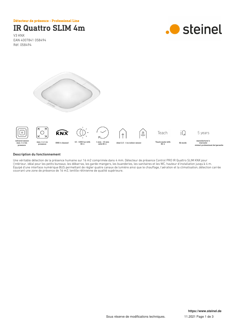 Page 1 de la notice Fiche technique Steinel IR Quattro SLIM