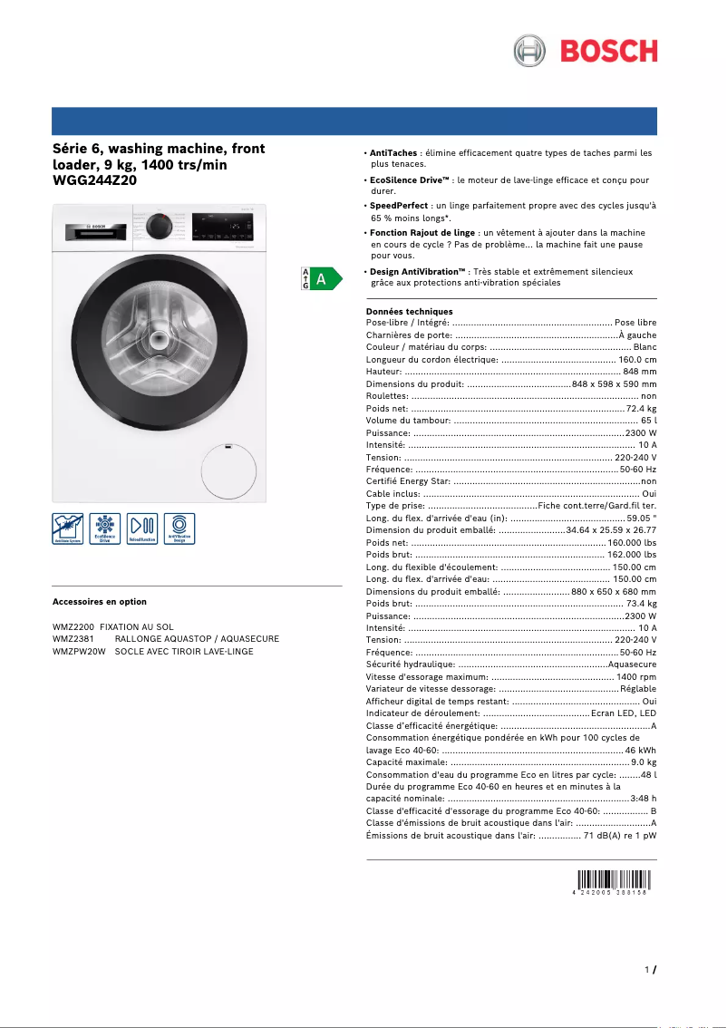 Page 1 de la notice Fiche technique Bosch WGG244Z20