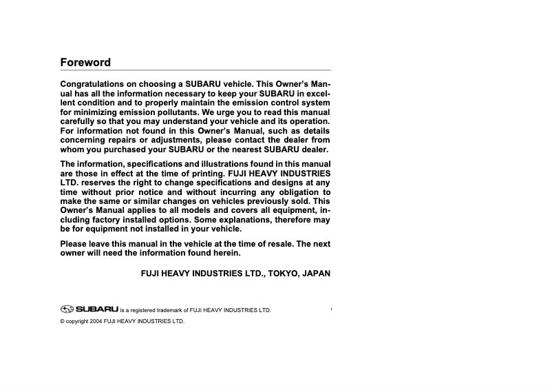Page 1 de la notice Manuel utilisateur Subaru Baja (2005)