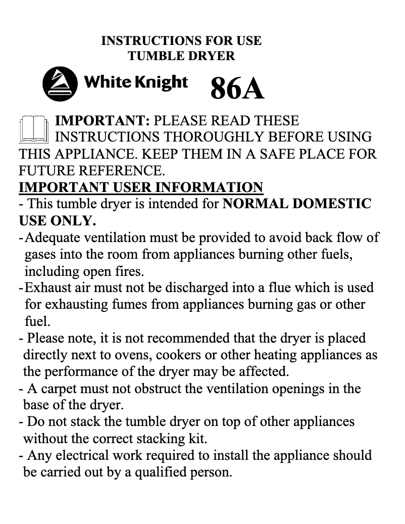 Página 1 del manual Manual de usuario White Knight C86A7W