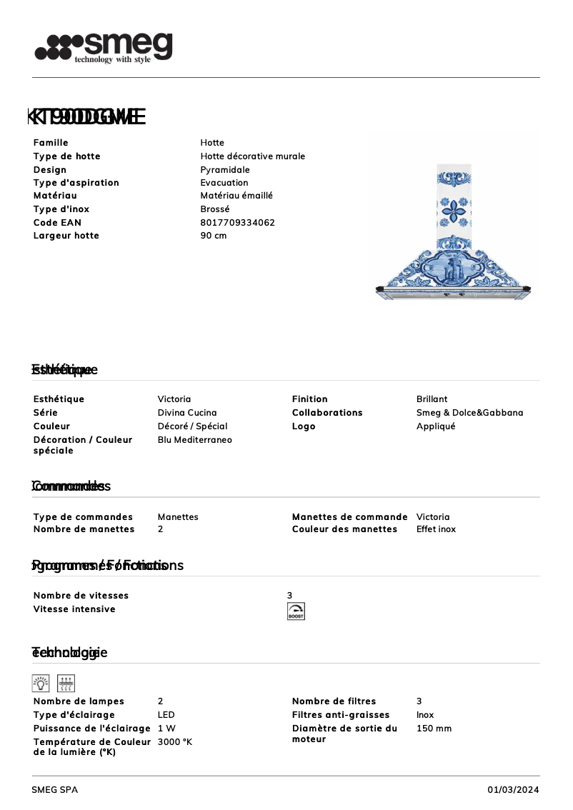 Página 1 del manual Ficha técnica Smeg KT90DGME