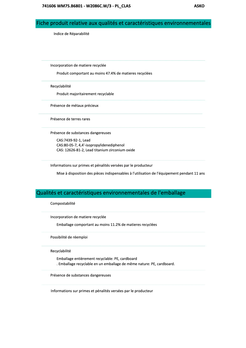 Page 1 de la notice Fiche technique Asko W2086C.W/3