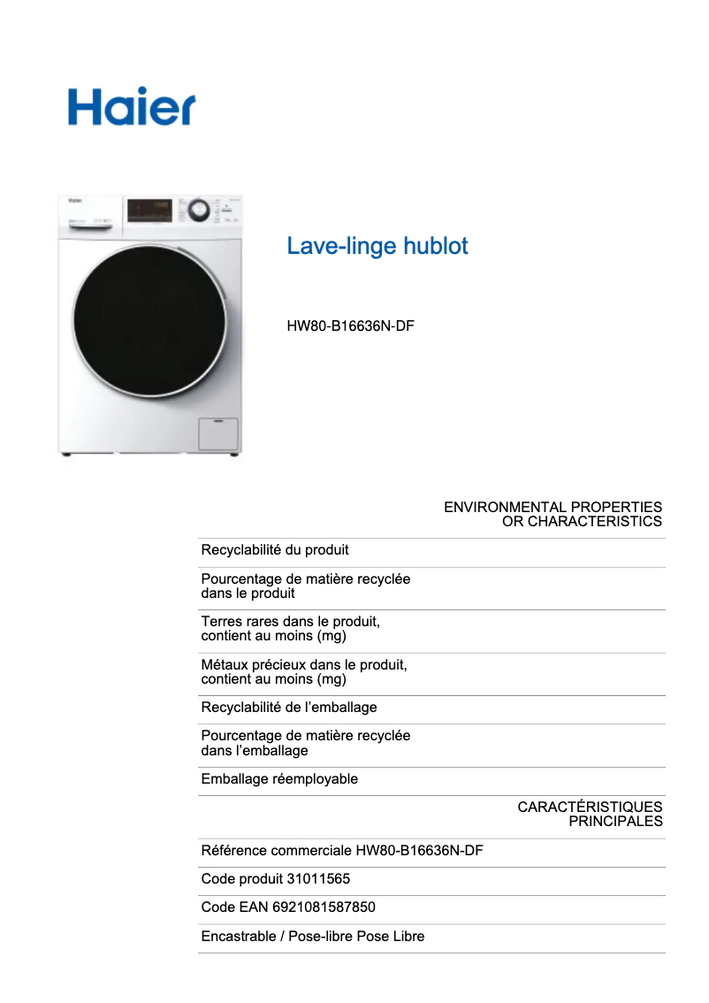 Página 1 del manual Etiqueta energética Haier HW80-B16636