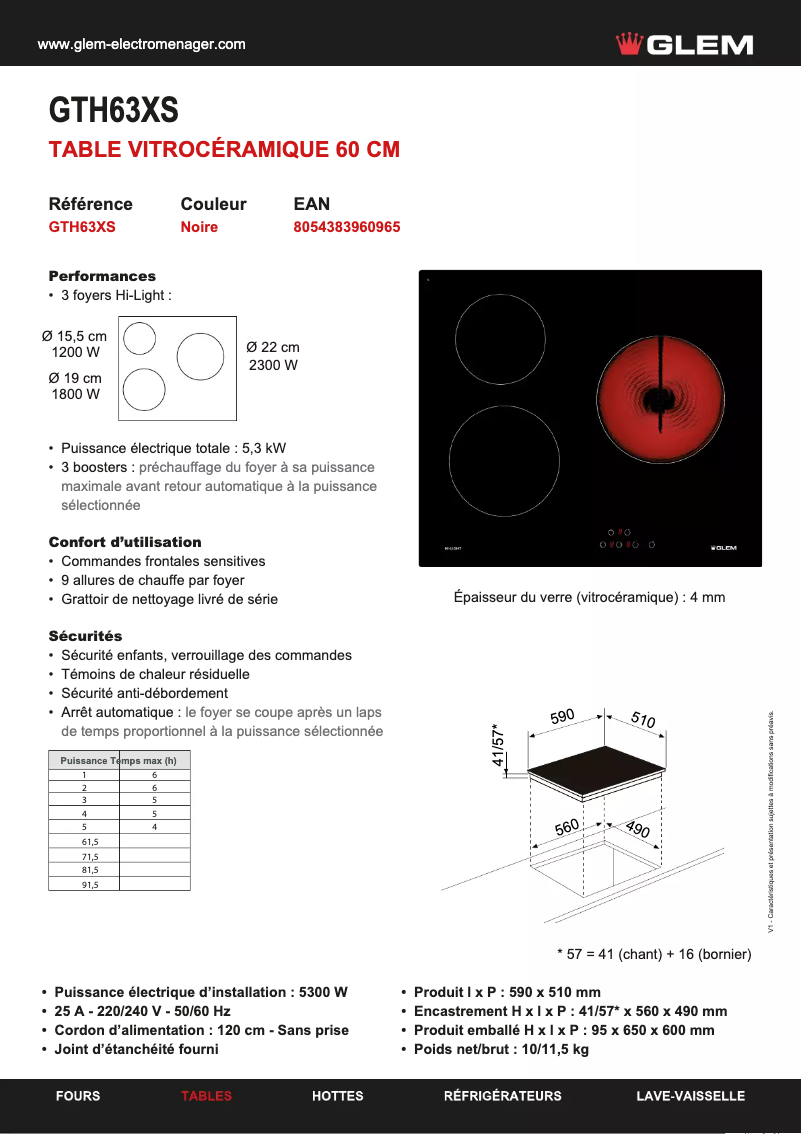 Page 1 de la notice Manuel utilisateur Glem Gas GTH63XS