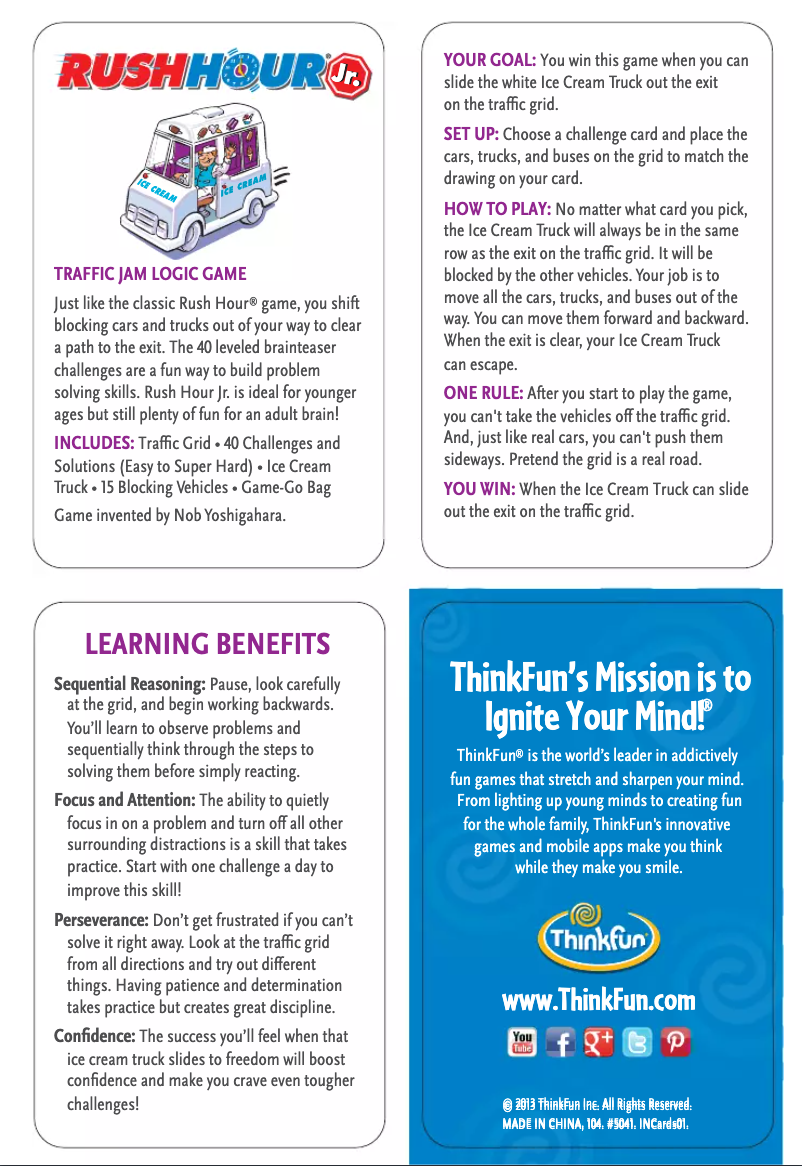 Page 1 de la notice Manuel utilisateur ThinkFun Rush Hour Jr.