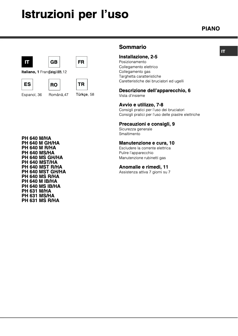 Page 1 de la notice Manuel utilisateur Hotpoint Ariston PH 640MST (AV) R/HA
