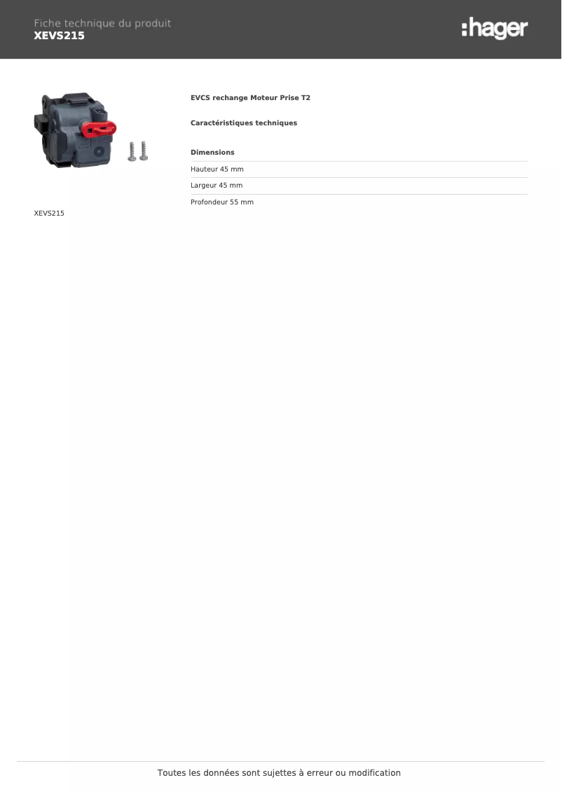 Page 1 de la notice Fiche technique Hager XEVS215