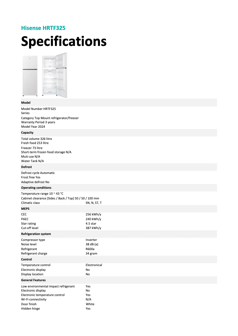 Page 1 of the manual Technical Sheet Hisense HRTF325