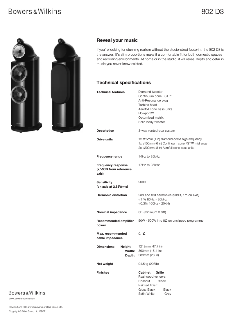 Page 1 de la notice Fiche technique Bowers & Wilkins 802 D3 Prestige Edition