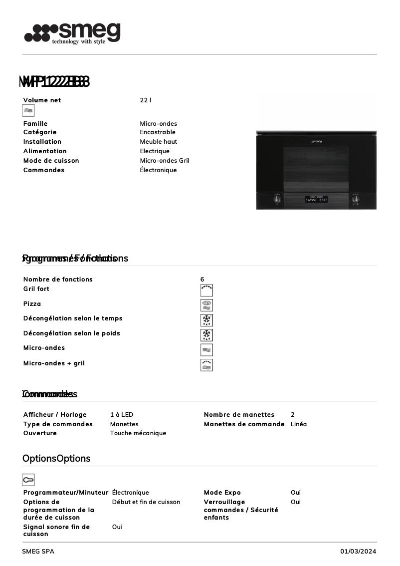 Página 1 del manual Ficha técnica Smeg MP122B3