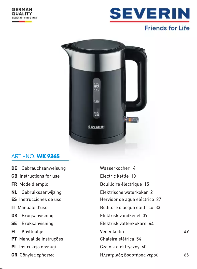 Page 1 de la notice Manuel utilisateur Severin WK 9265