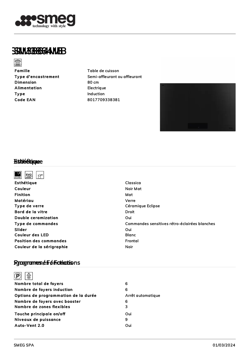 Página 1 del manual Ficha técnica Smeg SIM3864MB