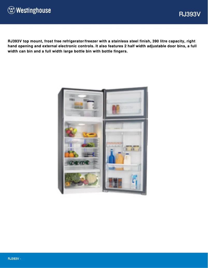 Page 1 of the manual Technical Sheet Westinghouse RJ393V