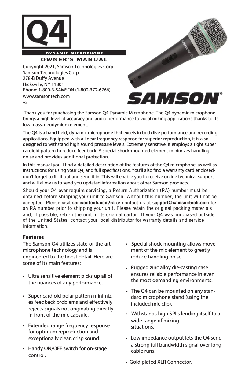 Page 1 de la notice Manuel utilisateur Samson Q4