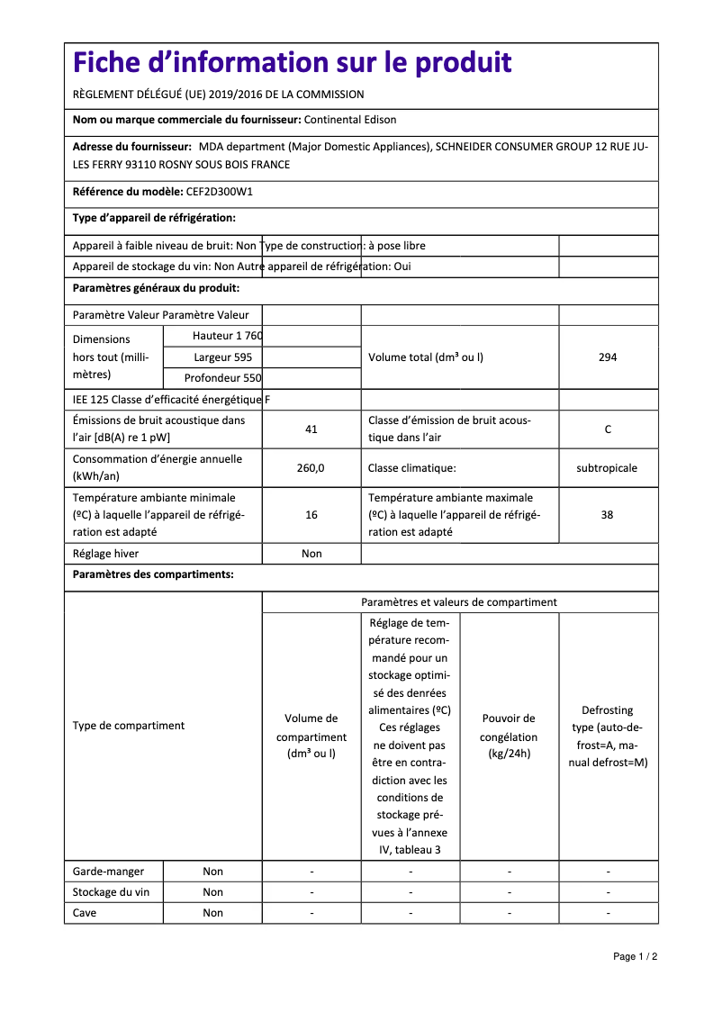 Page 1 de la notice Manuel utilisateur Continental Edison CEF2D300W1