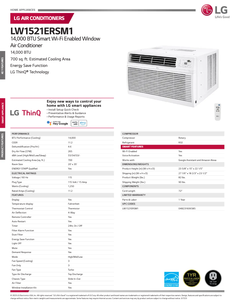 Page 1 de la notice Fiche technique LG LW1521ERSM1