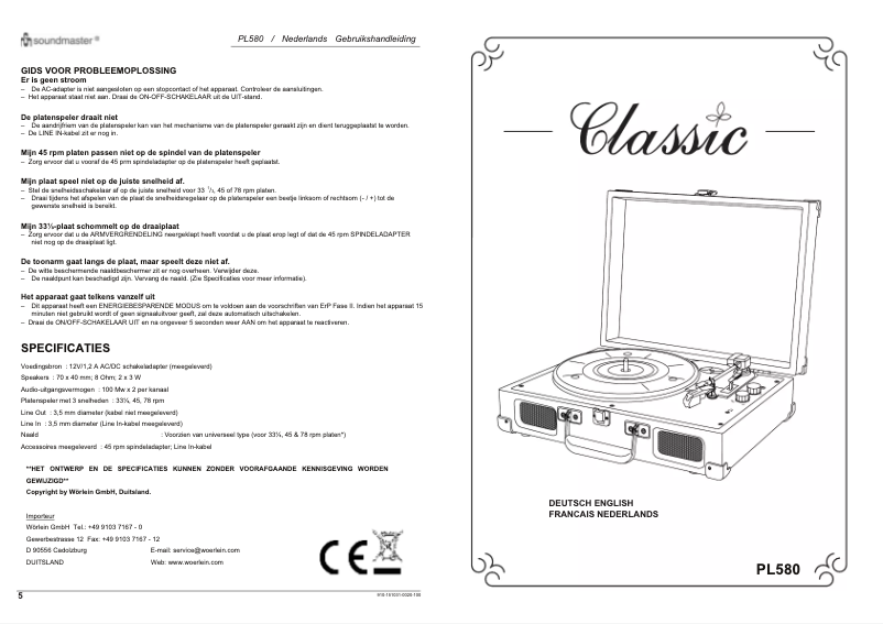 Page 1 de la notice Manuel utilisateur Soundmaster PL580RO