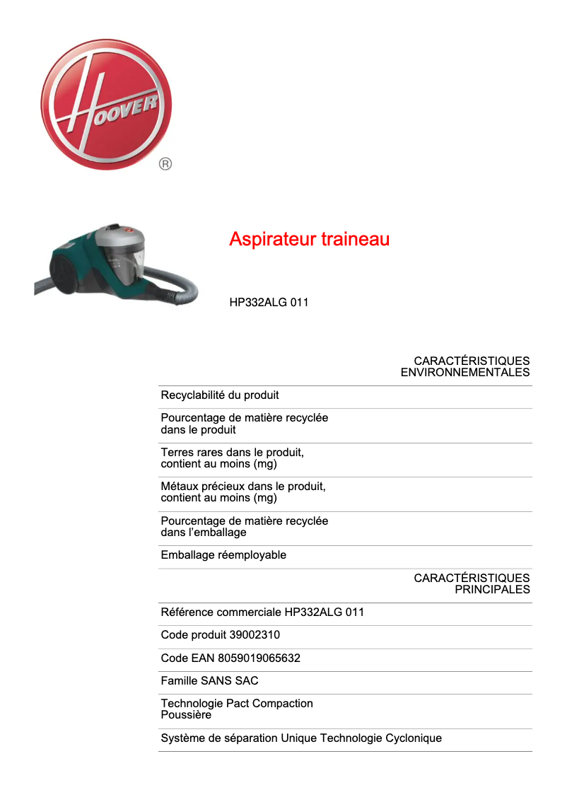 Page 1 de la notice Fiche technique Hoover H-POWER 300 HP332ALG 011