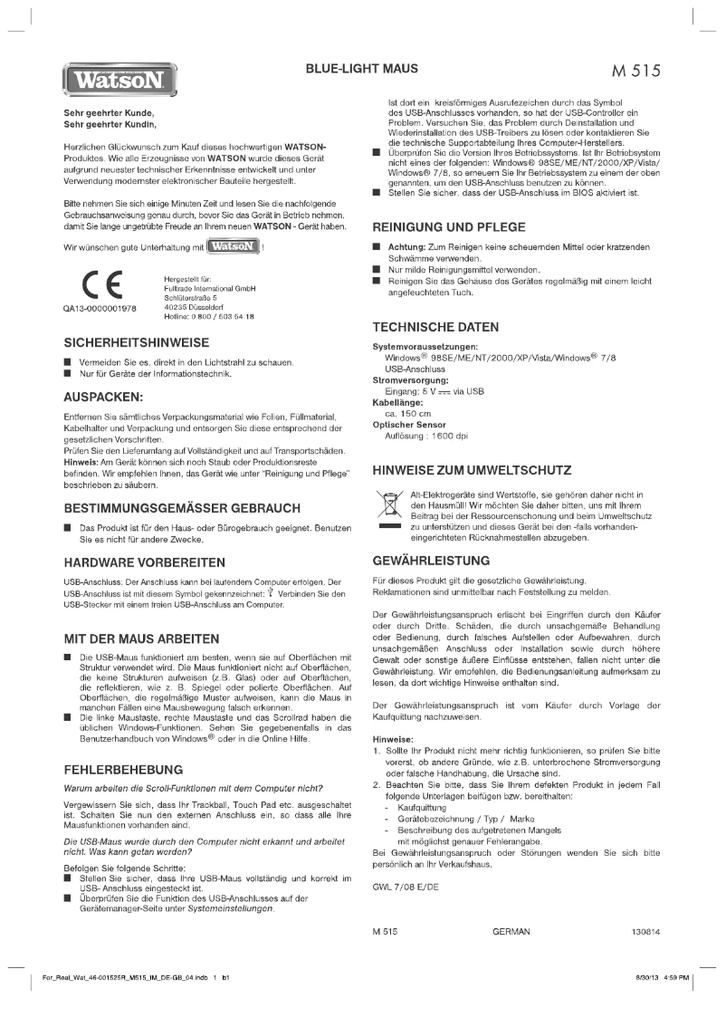 Page 1 de la notice Manuel utilisateur Watson M 515