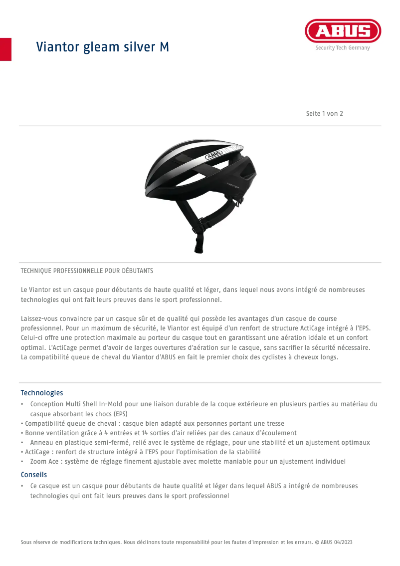 Page 1 de la notice Fiche technique Abus Viantor