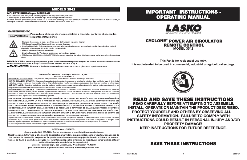 Page 1 of the manual User Manual Lasko Cyclone 3542