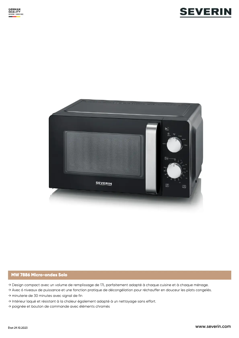 Page 1 de la notice Fiche technique Severin MW 7886