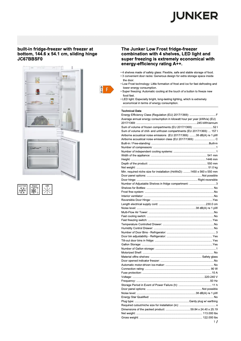 Page 1 de la notice Fiche technique Junker JC67BBSF0