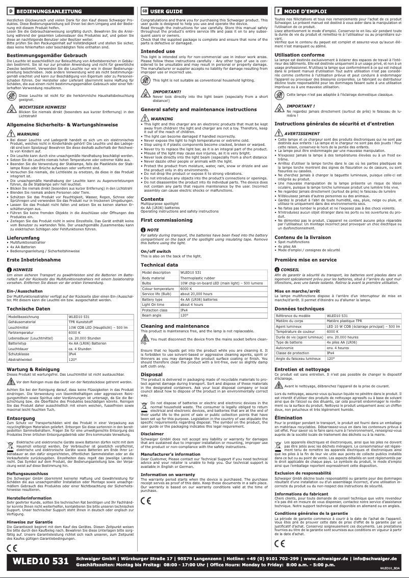 Page 1 de la notice Manuel utilisateur Schwaiger WLED10 531