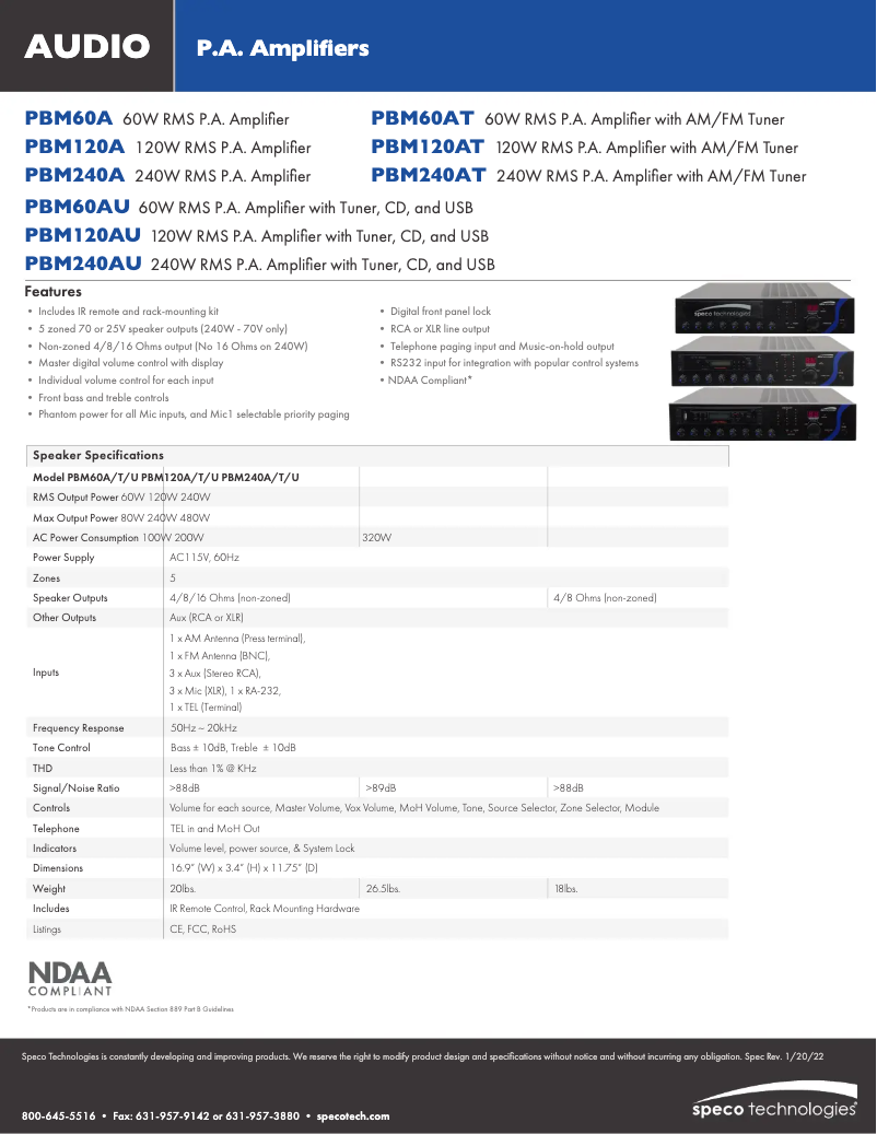Page 1 de la notice Fiche technique Speco Technologies PBM60AU