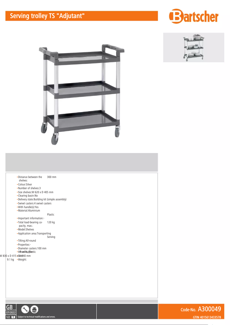 Page 1 de la notice Manuel utilisateur Bartscher A300049