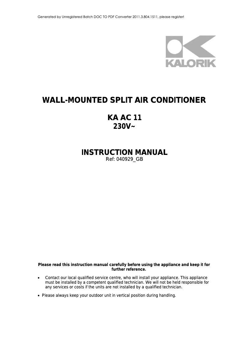 Page 1 de la notice Manuel utilisateur Kalorik KA AC 11