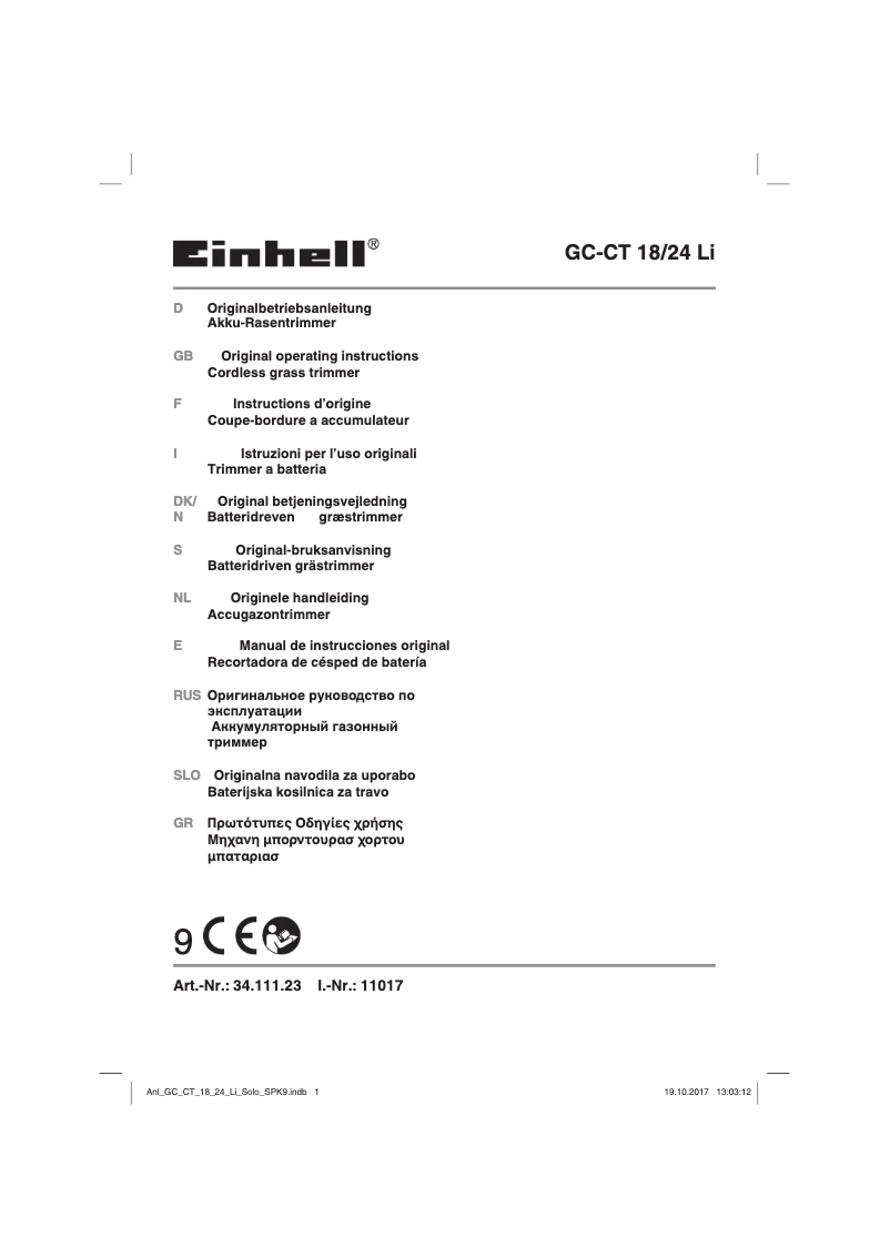 Page 1 de la notice Manuel utilisateur Einhell GC-CT 18/24 Li-Solo