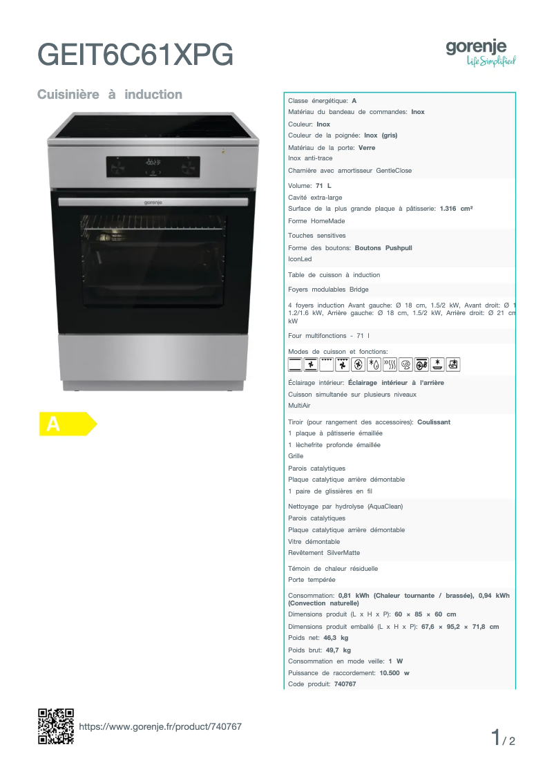 Página 1 del manual Ficha técnica Gorenje GEIT6C61XPG