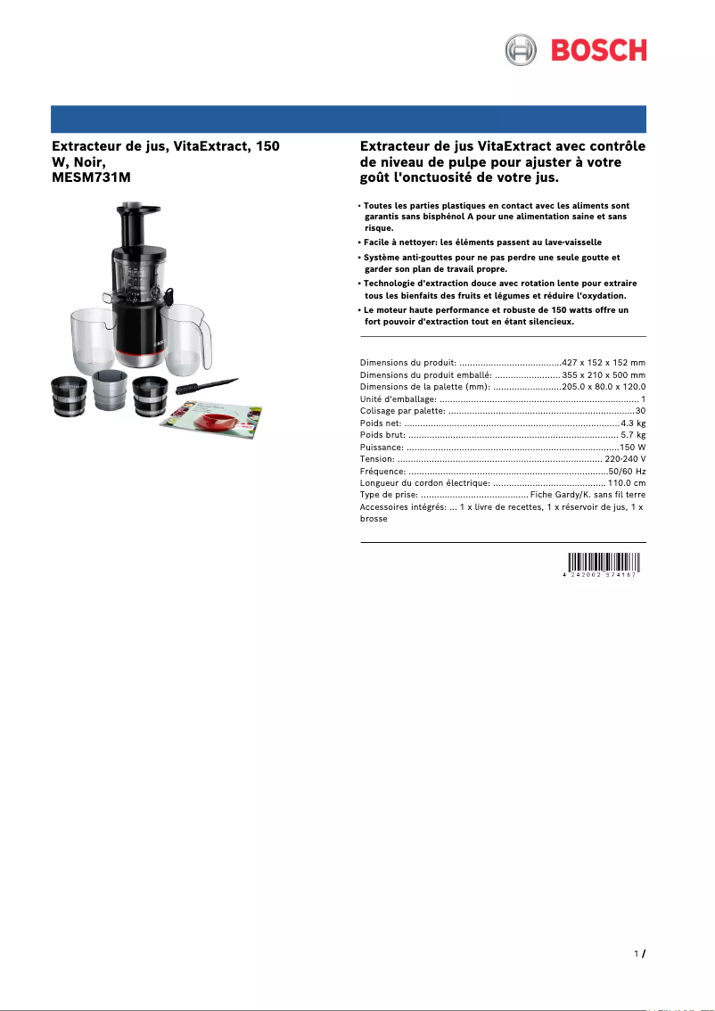 Page 1 de la notice Fiche technique Bosch VitaExtract MESM731M