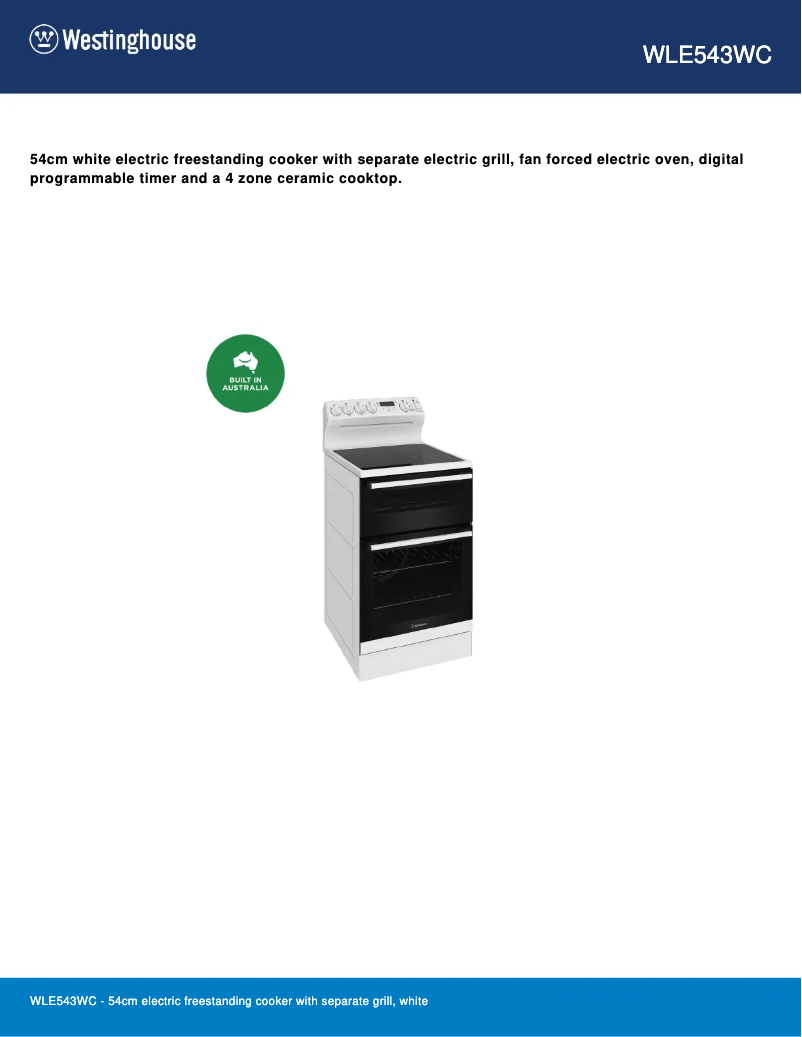 Page 1 de la notice Fiche technique Westinghouse WLE543WC
