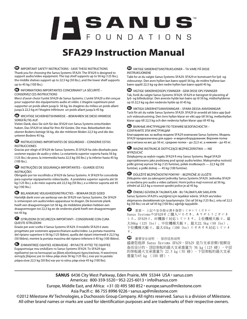 Page 1 de la notice Manuel utilisateur Sanus SFA29B