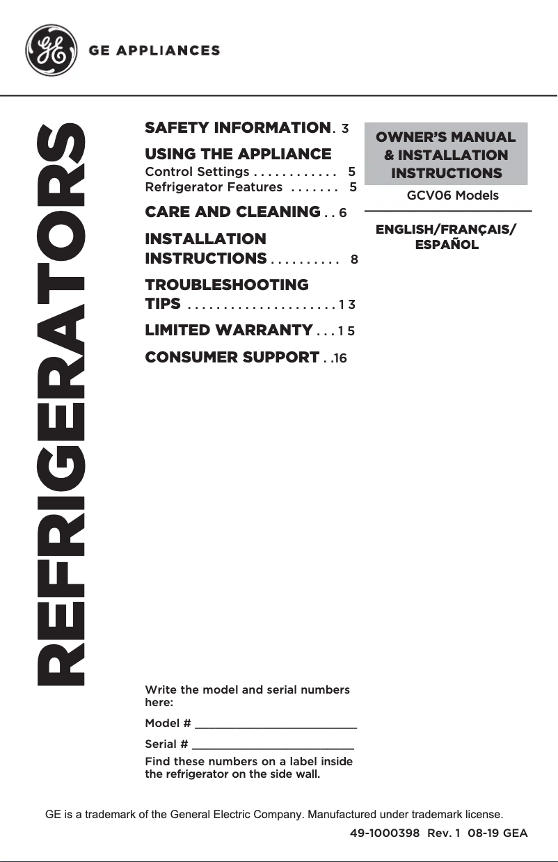 Image de la première page du manuel de l'appareil GCV06GSNSB