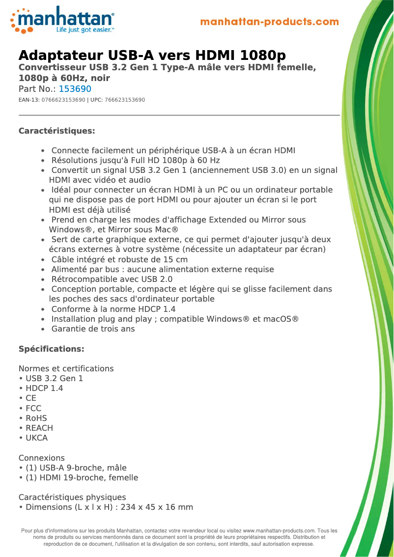 Page 1 de la notice Fiche technique Manhattan 153690
