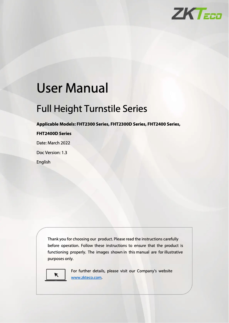 Page 1 de la notice Guide d'installation ZKTeco FHT2400
