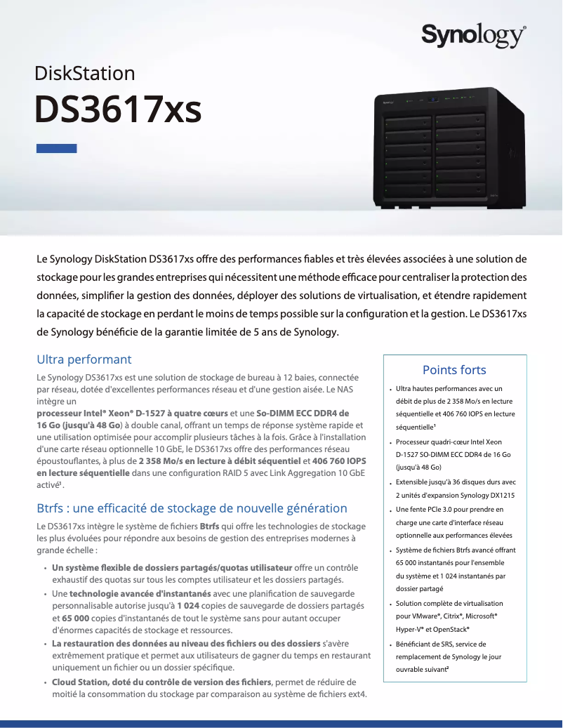 Page 1 de la notice Fiche technique Synology DiskStation DS3617xs