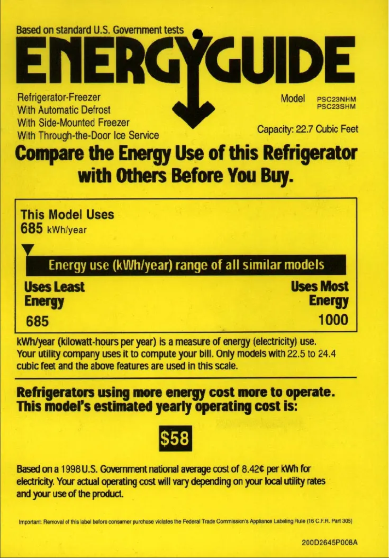Page n°1 - Label énergétique GE Profile Arctica CustomStyle PSC23NHMBB
