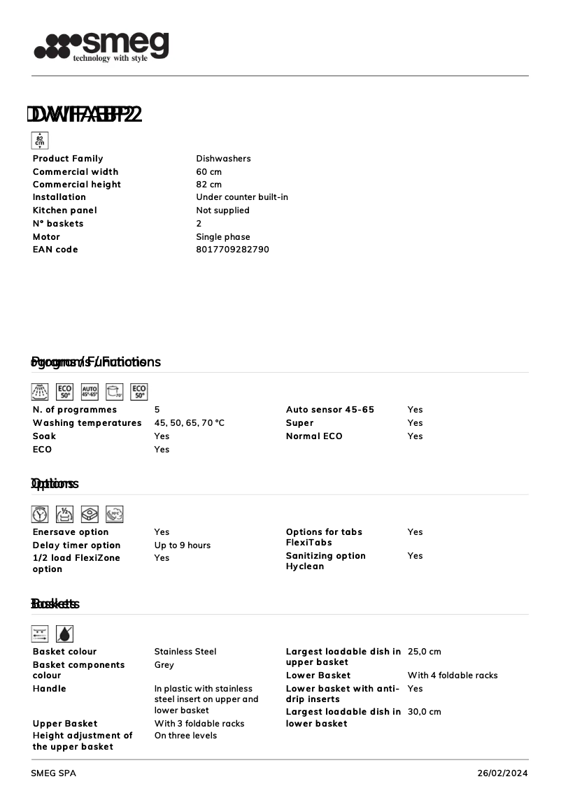 Page 1 de la notice Fiche technique Smeg DWIFABP2