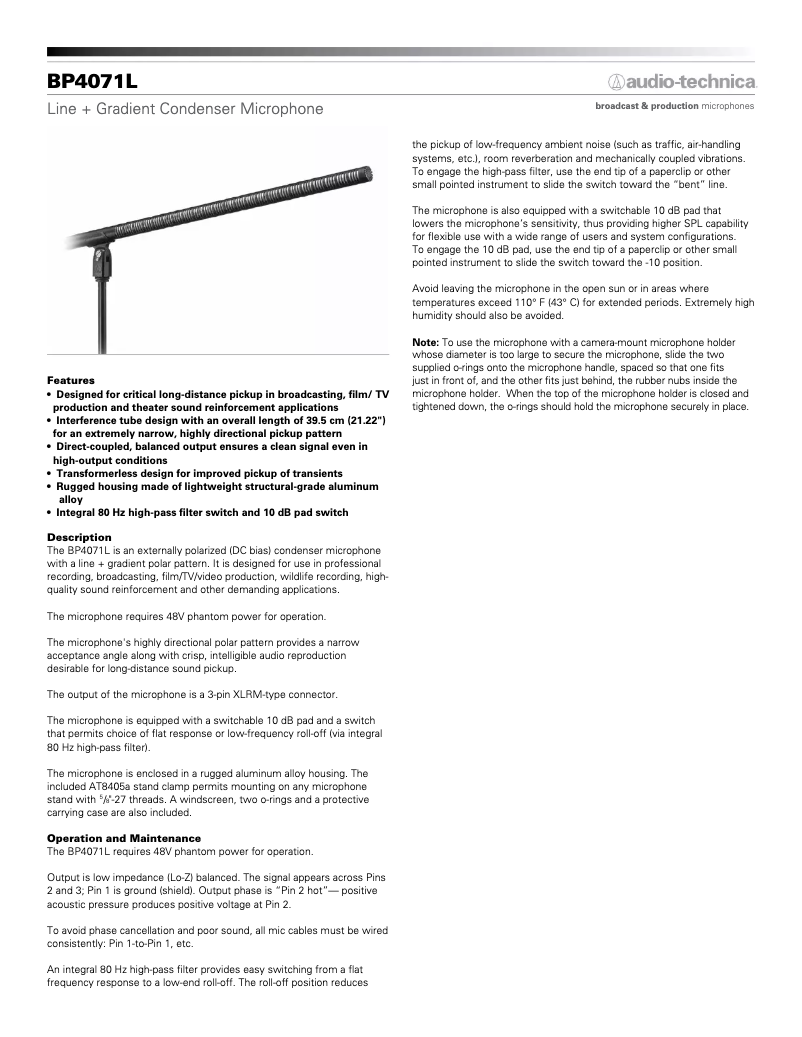 Page 1 de la notice Fiche technique Audio-Technica BP4071L