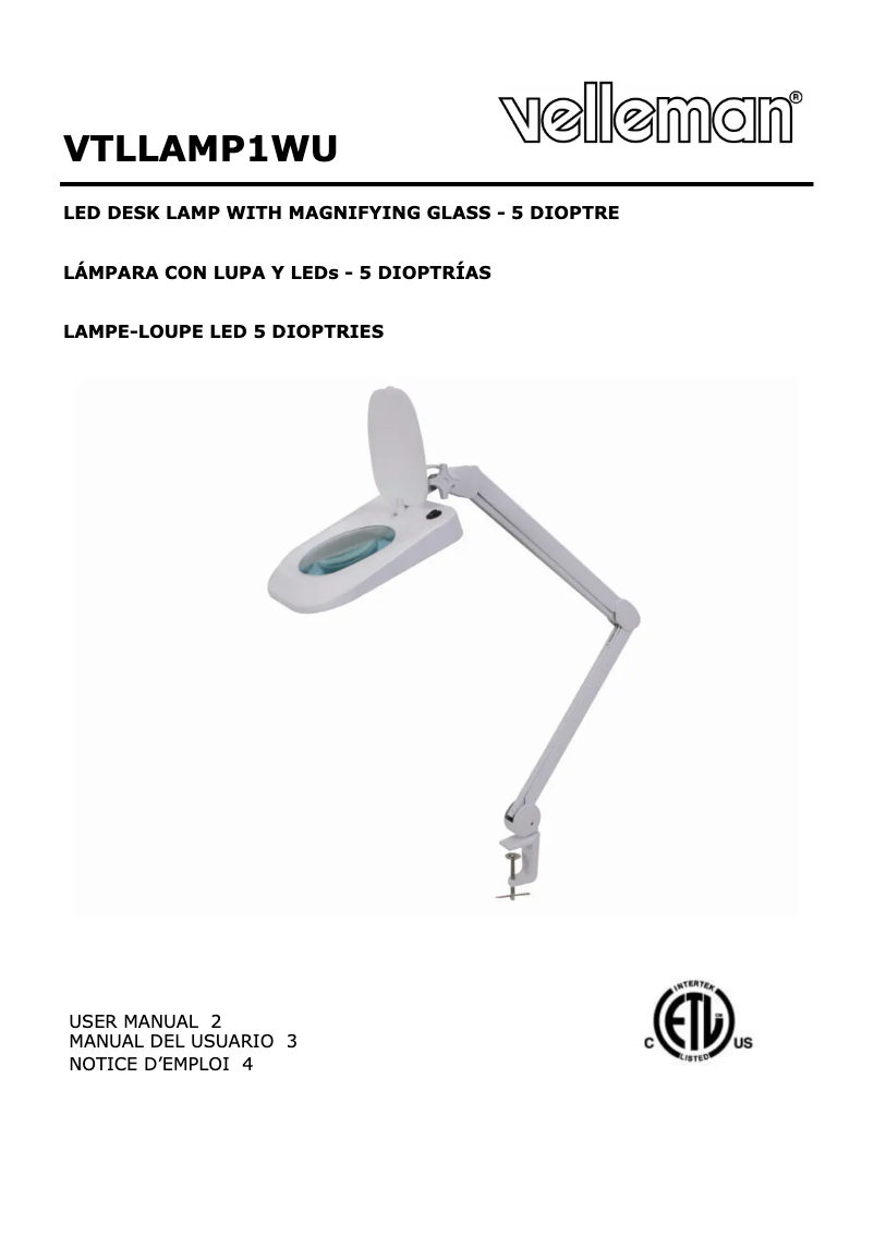 Page 1 de la notice Manuel utilisateur Velleman VTLLAMP1WU