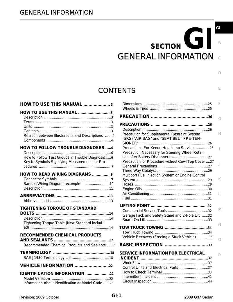 Page 1 of the manual Technical Sheet Infiniti G37 (2009)